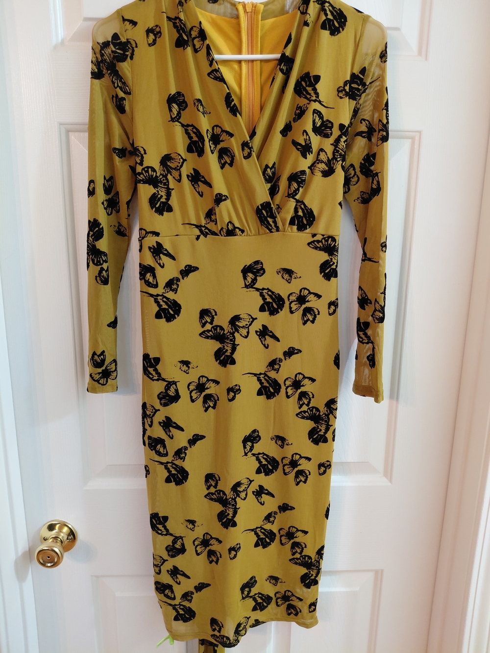 Mustard Yellow Butterfly Wrap-Style Long Sleeve Dress
